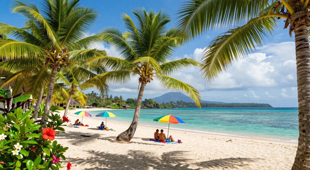 A vibrant tropical landscape showcasing the essence of a Bali climate in March. In the foreground, lush green palm trees sway gently, their leaves glistening in the sunlight. A serene beach stretches out with soft white sands, inviting crystal-clear turquoise waters lapping at the shore. In the middle ground, small, colorful beach umbrellas provide shade for vacationers in modest casual clothing relaxing on beach towels. Tropical flowers in vivid colors like hibiscus and frangipani dot the scene, enhancing the vibrant atmosphere. In the background, a bright blue sky features soft white clouds, while distant volcanic hills create a stunning silhouette. The lighting is warm and inviting, evoking a sense of tranquility and relaxation, ideal for showcasing the delightful subtropical climate of Bali.