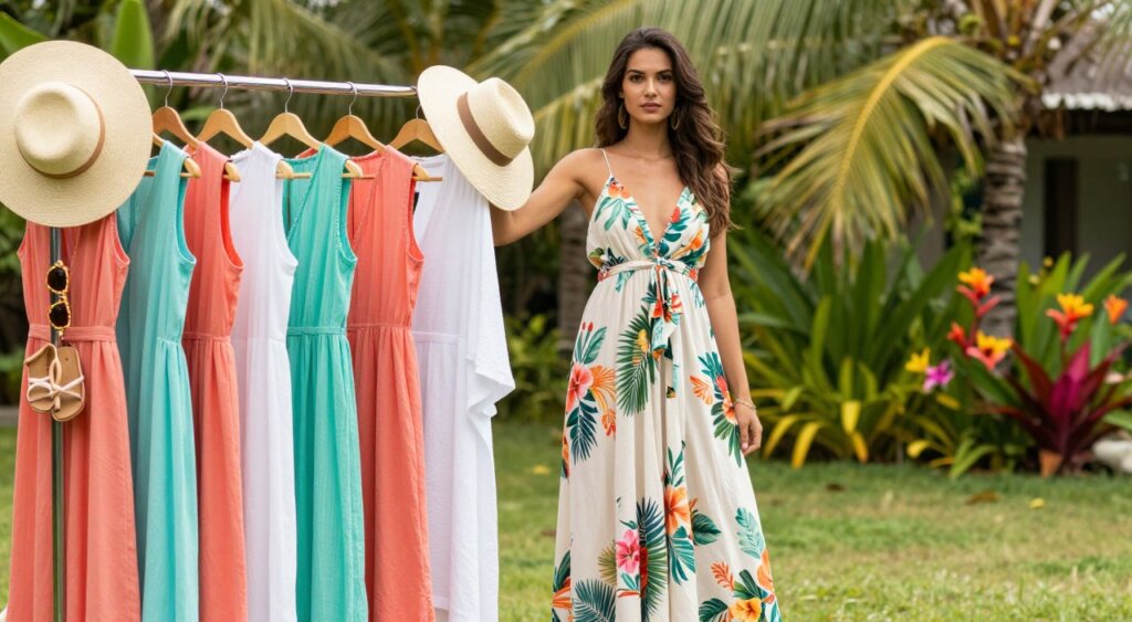 A vibrant tropical scene featuring an elegant outfit selection for a Bali aesthetic. In the foreground, display a well-styled clothing rack adorned with light, airy fabrics in bright colors like coral, turquoise, and white. Include chic accessories such as wide-brimmed hats, bamboo sunglasses, and stylish sandals. The middle ground features a model dressed in a fashionable, modest tropical outfit, showcasing a flowing maxi dress with floral patterns, standing confidently beside the rack. In the background, depict lush greenery typical of Bali, with palm trees and colorful tropical flowers. Use soft, natural lighting to create a warm and inviting atmosphere, with a shallow depth of field to focus on the outfit selection while softly blurring the background. The overall mood is stylish, relaxed, and perfect for a tropical escape.