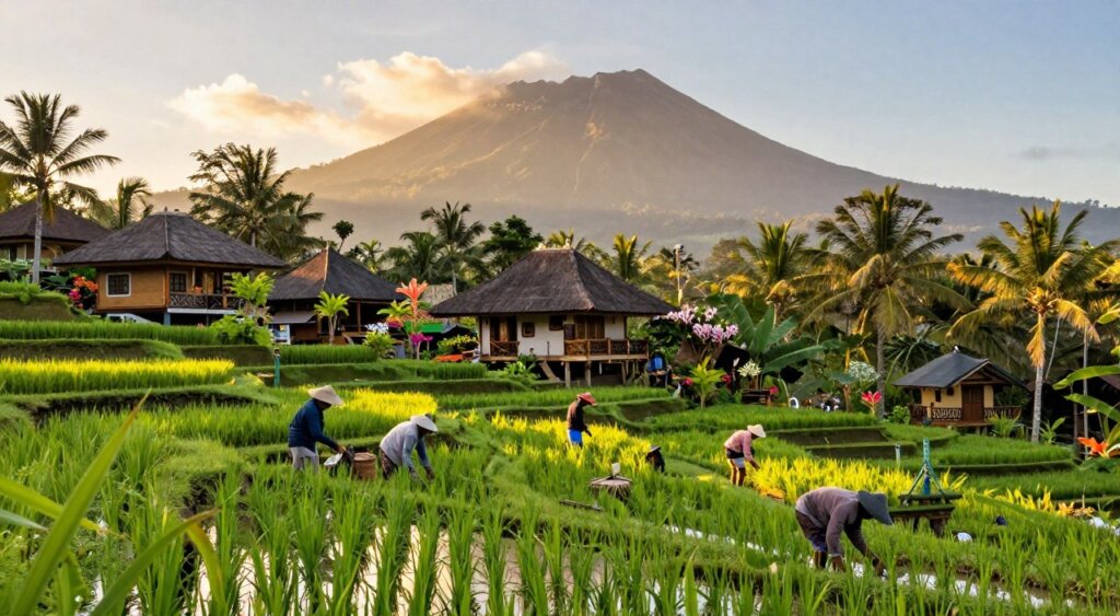 A vibrant tropical scene set in Bali during the off-peak travel season. In the foreground, a serene rice terrace reflects the lush greenery, dotted with local farmers in modest clothing tending to their crops, embodying the essence of sustainable tourism. The middle ground showcases a quaint Balinese villa with traditional architecture and colorful flowers blooming around it, suggesting a welcoming atmosphere for budget travelers. In the background, the iconic volcanic mountain silhouette is softly illuminated by the golden hues of a late afternoon sun, casting long shadows over the landscape. Clear skies with a few fluffy clouds enhance the sense of tranquility. The entire image should evoke a sense of peacefulness, inviting viewers to explore Bali during its less crowded seasons while emphasizing the beauty of its cultural and natural heritage.