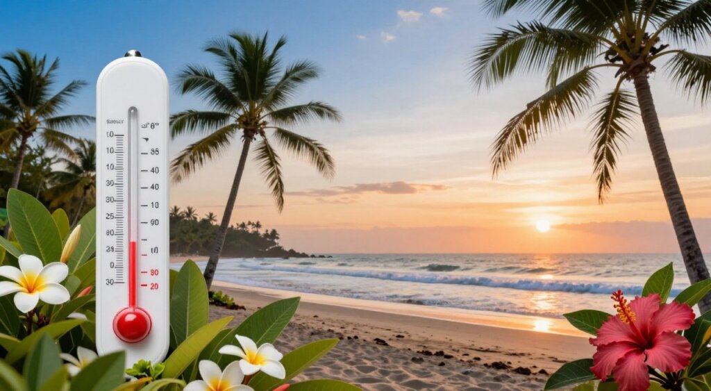A visually striking illustration capturing the temperature and humidity variations in Sanur, Bali. In the foreground, a digital thermometer displays high humidity levels, surrounded by lush tropical plants typical of the region, such as frangipani and hibiscus. The middle ground shows a serene beach scene with soft waves lapping against the shore, where silhouettes of palm trees sway gently in the breeze. In the background, a vibrant sky transitions from bright blue to soft orange as the sun sets, reflecting the warm climate. Use soft, diffused lighting to evoke a relaxing atmosphere, with a wide-angle view to capture the landscape's beauty. Aim for a warm, inviting mood that illustrates the tropical weather experience in Sanur. A visually striking illustration capturing the temperature and humidity variations in Sanur, Bali. In the foreground, a digital thermometer displays high humidity levels, surrounded by lush tropical plants typical of the region, such as frangipani and hibiscus. The middle ground shows a serene beach scene with soft waves lapping against the shore, where silhouettes of palm trees sway gently in the breeze. In the background, a vibrant sky transitions from bright blue to soft orange as the sun sets, reflecting the warm climate. Use soft, diffused lighting to evoke a relaxing atmosphere, with a wide-angle view to capture the landscape's beauty. Aim for a warm, inviting mood that illustrates the tropical weather experience in Sanur.