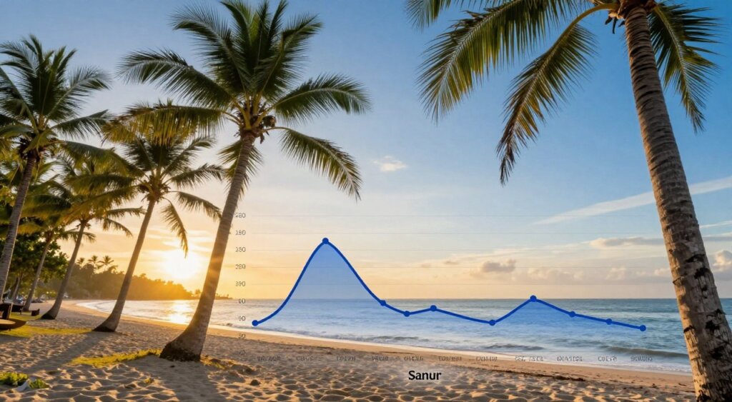 A vivid, informative illustration depicting historical weather trends in Sanur, Bali. In the foreground, a detailed line graph showcasing fluctuating temperatures and precipitation levels over the years, with data points marked clearly. In the middle ground, a serene beach scene featuring palm trees swaying gently in the breeze, under a clear blue sky, symbolizing the pleasant tropical climate. In the background, a soft golden sunset casts warm light over the horizon, enhancing the atmospheric feel. The overall mood is tranquil and inviting, inviting viewers to connect with the beauty and climate of Sanur. Use natural lighting with a focus on warm tones, emphasizing the calm and vibrant nature of Bali's weather. A vivid, informative illustration depicting historical weather trends in Sanur, Bali. In the foreground, a detailed line graph showcasing fluctuating temperatures and precipitation levels over the years, with data points marked clearly. In the middle ground, a serene beach scene featuring palm trees swaying gently in the breeze, under a clear blue sky, symbolizing the pleasant tropical climate. In the background, a soft golden sunset casts warm light over the horizon, enhancing the atmospheric feel. The overall mood is tranquil and inviting, inviting viewers to connect with the beauty and climate of Sanur. Use natural lighting with a focus on warm tones, emphasizing the calm and vibrant nature of Bali's weather.