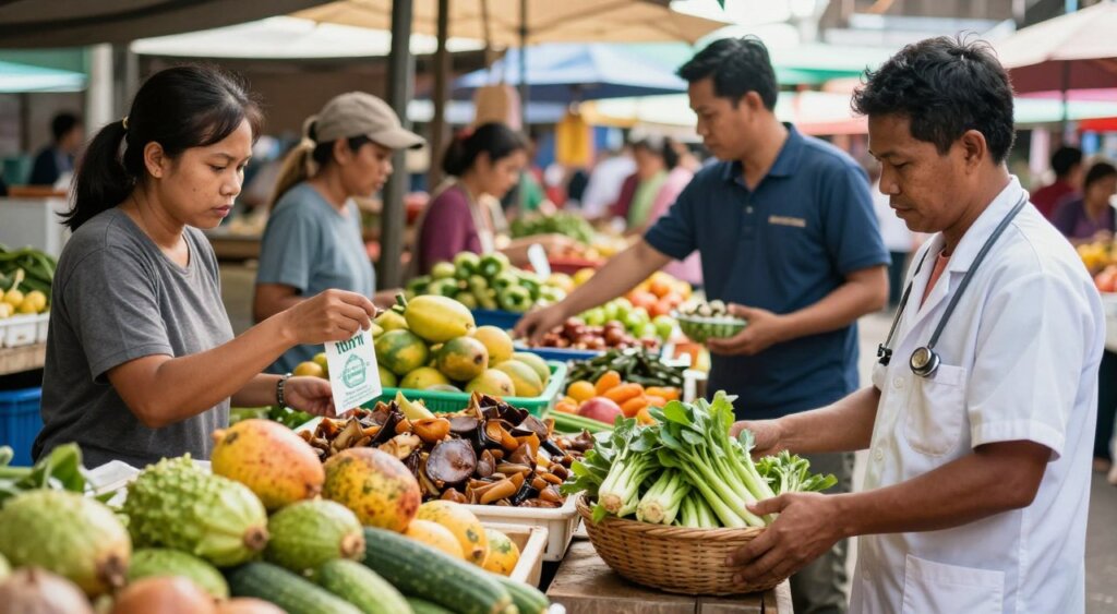 A vivid portrayal of a bustling Southeast Asian market filled with fresh produce and traditional foods, highlighting the contrast between clean and contaminated food practices. In the foreground, a vendor in professional attire carefully inspects a basket of vegetables, while behind them, a patron examines food hygiene labels with concern. The middle ground features various stalls of colorful fruits and prepared dishes, including some visibly spoiled food items, under warm, natural sunlight filtering through a canopy. In the background, a community health worker, dressed in smart casual clothing, engages with customers about food safety practices. The mood is both informative and urgent, emphasizing the importance of awareness in preventing foodborne illnesses, captured in high-resolution photojournalism style with a shallow depth of field to bring focus to the subjects.