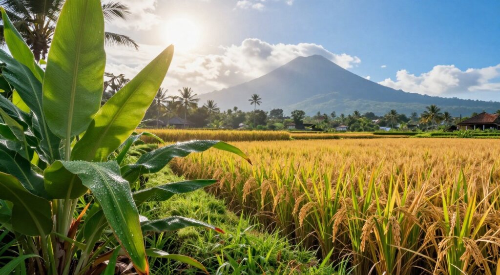 A vivid scene illustrating Bali's wet and dry seasons side by side. In the foreground, lush tropical plants thrive, depicting the wet season with vibrant greenery and droplets of rain clinging to leaves. Transitioning to the middle ground, the dry season is represented by sun-kissed rice fields with golden hues and a clear blue sky. In the background, distant volcanic mountains loom under a bright sun, symbolizing the stability of the dry season. Soft, diffused sunlight filters through fluffy clouds, creating a warm and inviting atmosphere. A slight lens vignette emphasizes the contrast between the two seasons, capturing the essence of Bali's unique climate. The composition evokes a sense of tranquility and connection to nature, perfect for illustrating the seasonal changes in Bali.