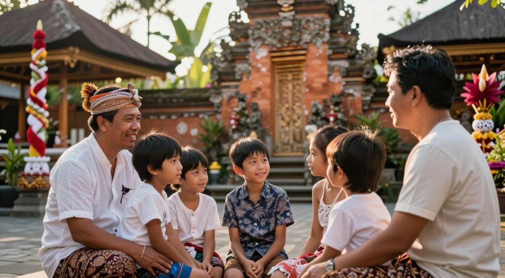 A warm, inviting scene showcasing a Balinese family with children enjoying local culture. In the foreground, a friendly Balinese guide in modest clothing shares insights with a curious Western family, consisting of two adults and two kids, who are attentively listening and engaging with the guide. In the middle ground, vibrant traditional Balinese decorations, lush tropical plants, and a backdrop of a picturesque temple provide cultural context. The lighting is soft and golden, reminiscent of a late afternoon, casting gentle shadows and highlighting the joyous expressions on the faces of the people. The scene conveys a sense of warmth, safety, and cultural richness, perfect for illustrating expert local insights for families traveling to Bali.