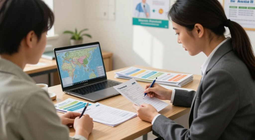 A well-organized travel health consultation scene. In the foreground, a professional looking health consultant in smart business attire, reviewing vaccination records with a traveler dressed in modest casual clothing. In the middle, a cluttered desk filled with travel health pamphlets, a laptop open with a map of Asia displayed. The background features a warm, inviting office atmosphere with medical posters on the walls related to tropical diseases. Soft, natural lighting enters through a nearby window, casting gentle shadows. The camera angle is slightly angled downwards to focus on the interaction, conveying a sense of seriousness and professionalism, while still feeling approachable and informative. The overall mood is attentive and reassuring, highlighting the importance of preparation for safe travel to Asia. A well-organized travel health consultation scene. In the foreground, a professional looking health consultant in smart business attire, reviewing vaccination records with a traveler dressed in modest casual clothing. In the middle, a cluttered desk filled with travel health pamphlets, a laptop open with a map of Asia displayed. The background features a warm, inviting office atmosphere with medical posters on the walls related to tropical diseases. Soft, natural lighting enters through a nearby window, casting gentle shadows. The camera angle is slightly angled downwards to focus on the interaction, conveying a sense of seriousness and professionalism, while still feeling approachable and informative. The overall mood is attentive and reassuring, highlighting the importance of preparation for safe travel to Asia.
