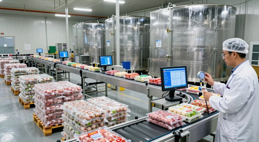 A wide-angle view of a modern automated cold storage facility, showcasing advanced refrigeration systems and neatly organized pallets of perishable goods. In the foreground, a professional worker in a lab coat and safety gear inspects temperature gauges, symbolizing meticulous food safety practices. The middle ground features sleek conveyor belts transporting food products, with digital screens displaying real-time supply chain data. The background reveals large refrigeration units with condensation, illuminated by soft, cool lighting to emphasize the technological efficiency of the facility. The atmosphere is utilitarian yet innovative, capturing the cutting-edge advancements in the supply chain process for food safety in a vibrant, high-tech environment. Perfectly composed to evoke a sense of trust and transparency in food handling.
