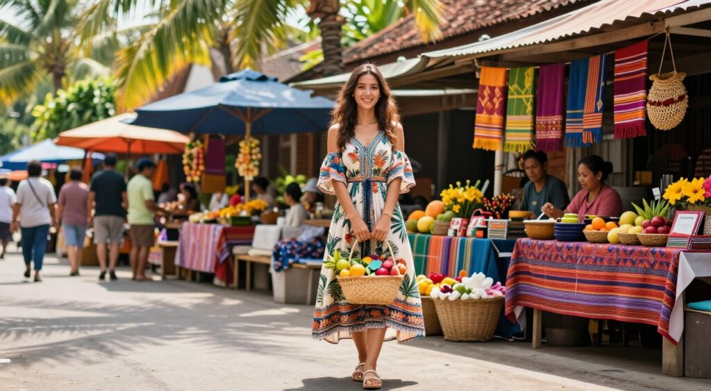 A young woman wearing a stylish, lightweight Bali-inspired outfit stands in a vibrant marketplace, showcasing daywear perfect for exploring temples and local shops. She’s dressed in a flowy, patterned midi dress with tropical motifs, paired with comfortable sandals. In her hands, she holds a woven basket filled with colorful fruits and handmade crafts, symbolizing local culture. The middle ground features various market stalls adorned with bright textiles and fragrant flowers, with vendors interacting cheerfully. In the background, lush green palm trees and traditional Balinese architecture create an inviting tropical atmosphere. The scene is bathed in warm, natural sunlight, enhancing the vivid colors and creating a cheerful vibe. The photo is captured with a shallow depth of field, focusing on the woman while slightly blurring the bustling market behind her, evoking a sense of adventure and relaxation.