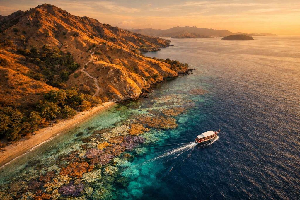 Aerial drone view of Komodo Island landscape and coral reef coastline