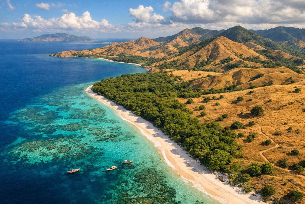 Aerial view Komodo Island showing biodiversity and habitat protection zones