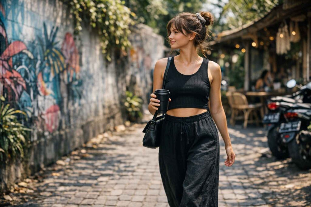 Taylor Swift Bali Reputation Outfit. All-black Reputation-inspired casual outfit styled on Canggu's cobblestone streets with tropical backdrop