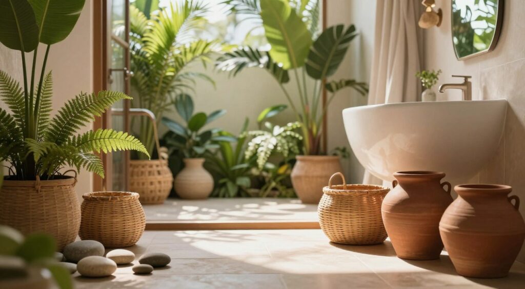 An inviting composition showcasing an earth tone color palette ideal for a tropical bathroom design inspired by Bali. In the foreground, display a variety of natural materials like smooth river stones, woven bamboo baskets, and terracotta pots, all in warm, earthy hues of browns, greens, and soft creams. The middle ground contains a serene bathroom scene featuring elegant fixtures in muted metal tones, surrounded by lush potted plants, like ferns and palms, creating a vibrant yet tranquil atmosphere. In the background, softly filtered sunlight streams through a large window dressed with light, airy curtains, casting gentle shadows and enhancing the warm color palette. Use a shallow depth of field to keep the focus on the palette elements, creating an inviting and harmonious mood perfect for a calming retreat at home.