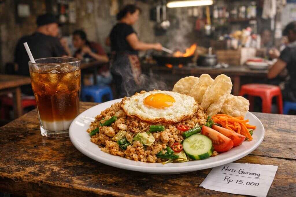 Authentic nasi goreng served at local warung in Kuta for under $2