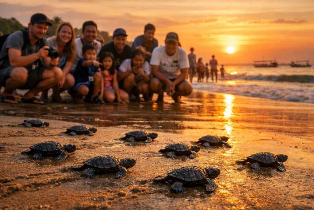 Backpackers releasing baby turtles at Kuta Beach during free conservation activity
