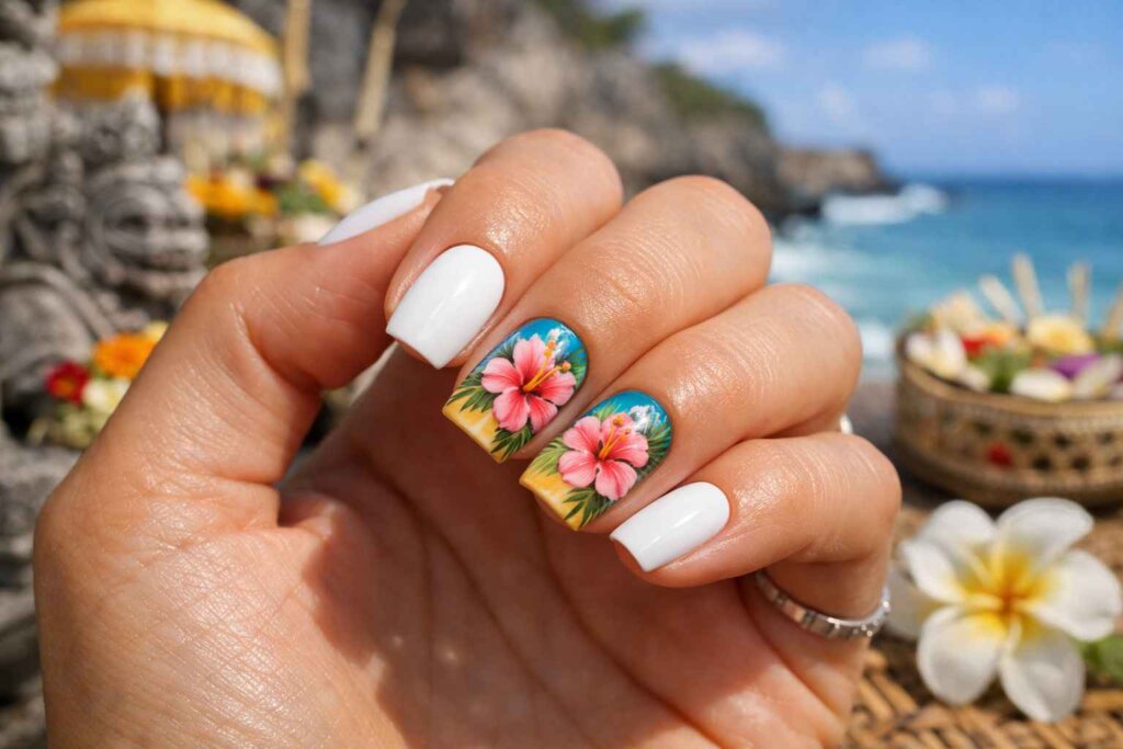 Bali Style Almond Nail Designs - Bali Style Hibiscus Flower Accent Nails