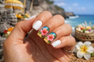 Bali Style Almond Nail Designs - Bali Style Hibiscus Flower Accent Nails