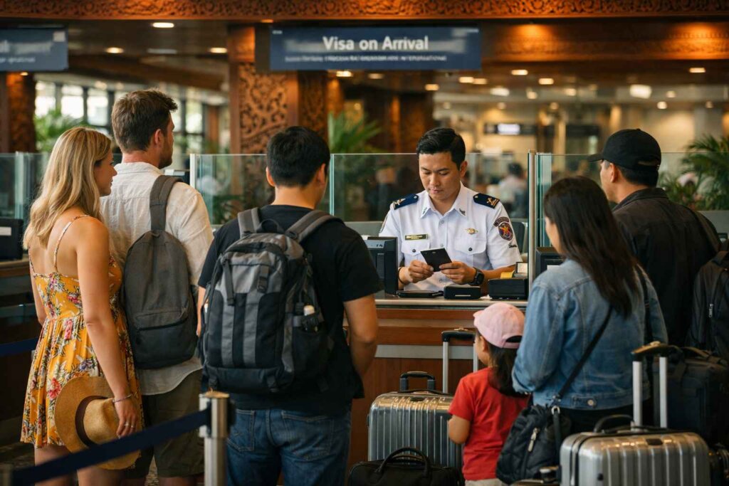 Southeast Asia visa-free travel - Bali international airport immigration counter processing Indonesia visa on arrival