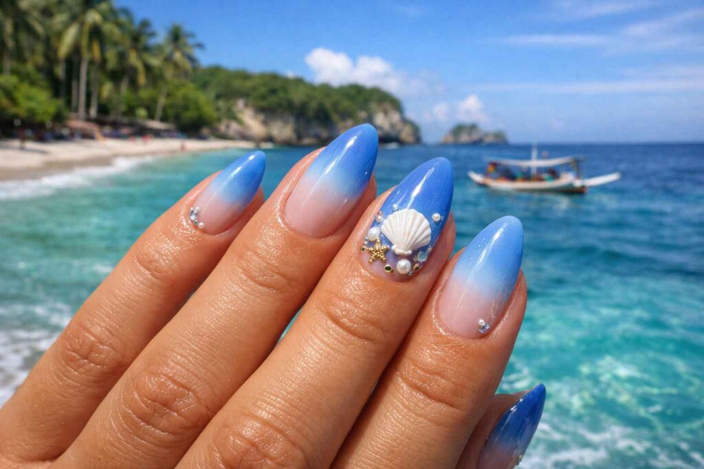 Bali nails blue ombre design with seashell accents on almond-shaped nails against tropical ocean background