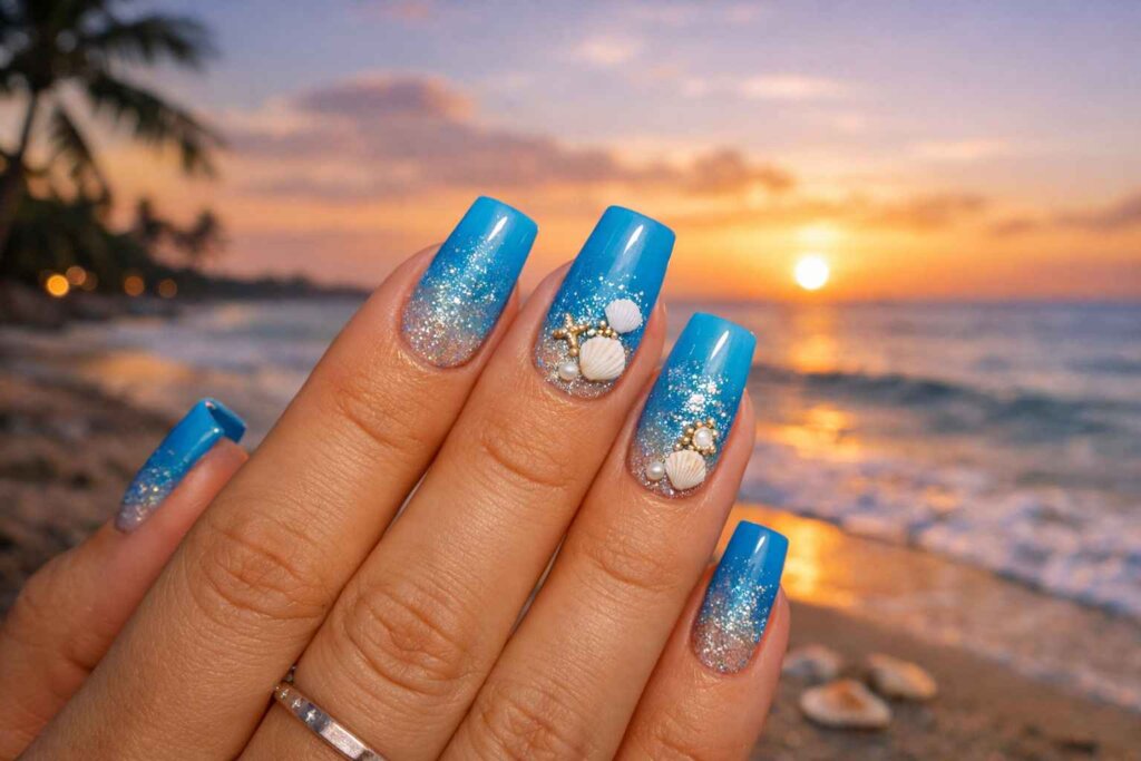 Bali nails blue square shape with glitter ombre and delicate seashell details photographed at beach sunset