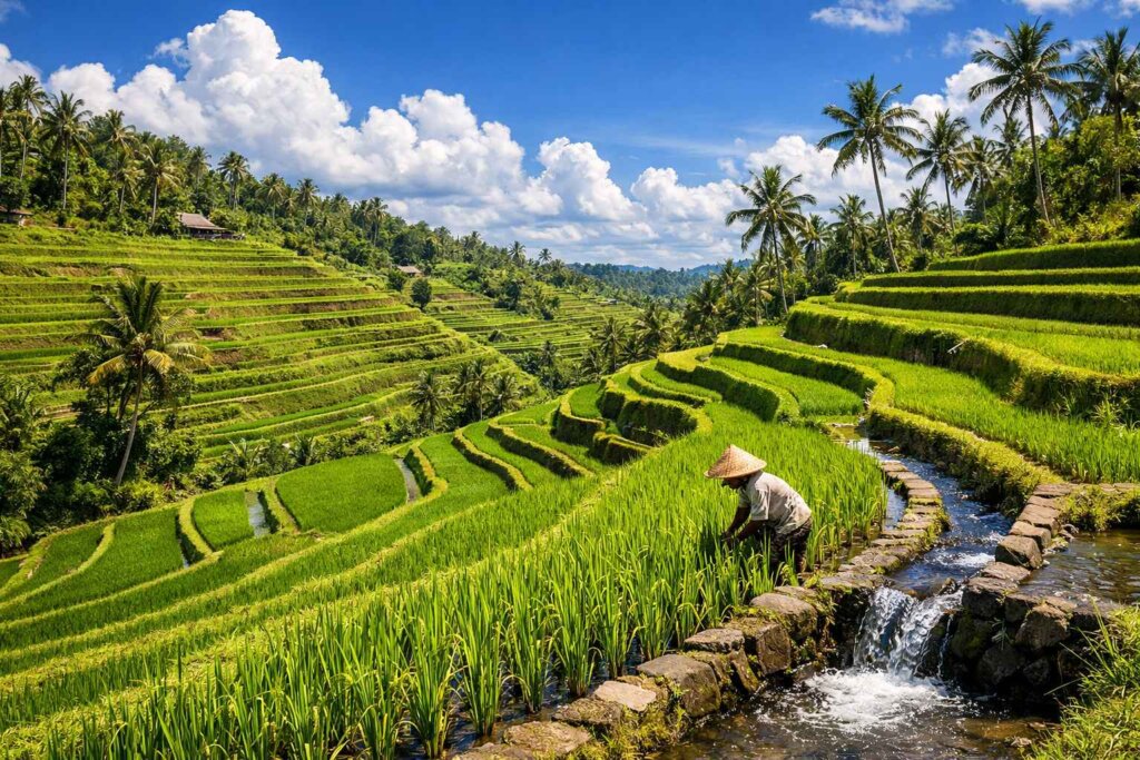 Bali rice terraces during dry season with blue sky and green paddy fields