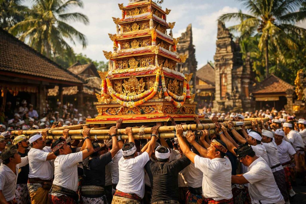 Balinese cremation ceremonies featuring tall Bade tower carried by villagers during Ngaben procession in Ubud Bali