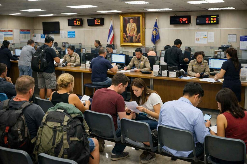 Bangkok Thailand immigration office visa extension queue and processing counter