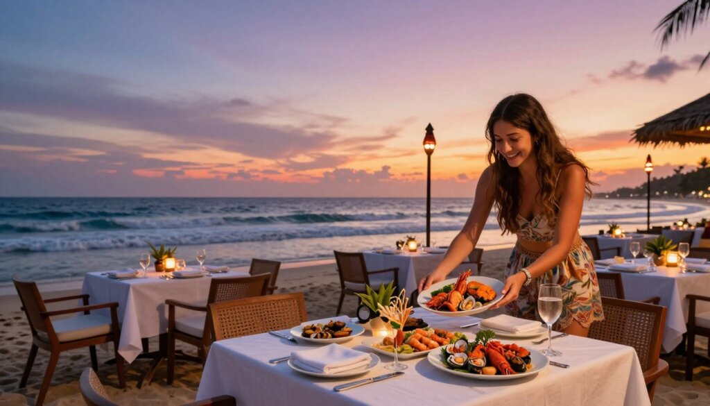 Beachfront dining with sunset views on a Foodie's Tour of Kuta