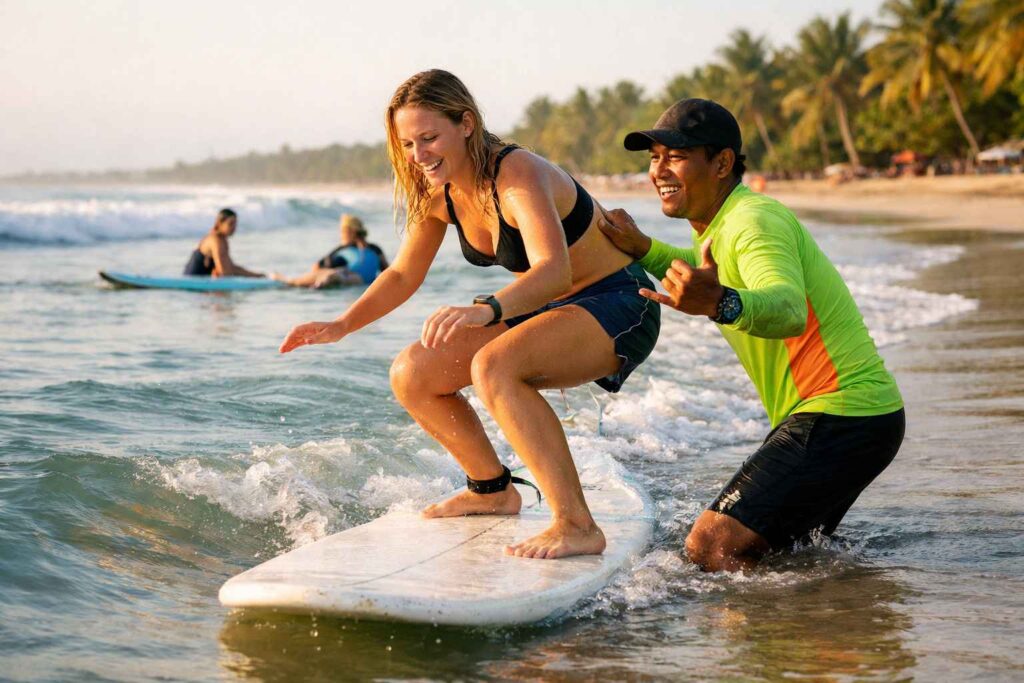 Kuta survival guide for first-timers. Beginner-friendly surfing in Kuta with instructors helping tourists catch their first waves on Kuta Beach