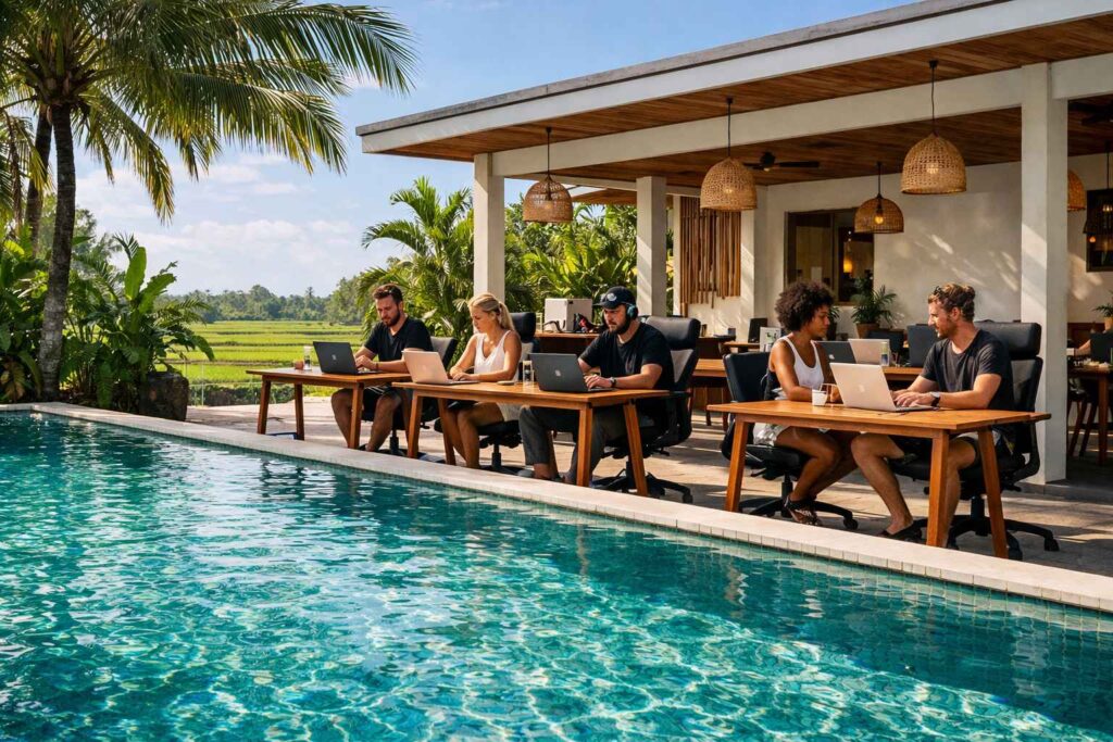 Best coworking spaces in Canggu Bali with pool and modern facilities showing Tribal Bali outdoor workspace