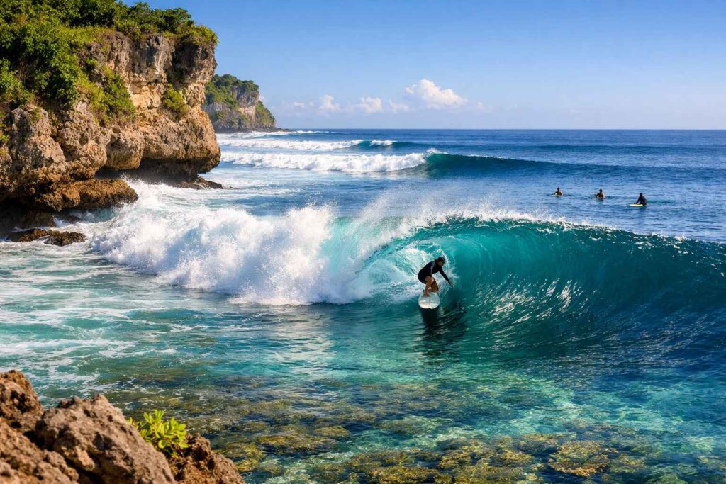 Best time for surfing in Bali showing west coast waves at Uluwatu