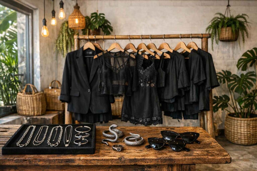 Canggu Bali boutique displaying all-black fashion pieces for Reputation era outfit inspiration