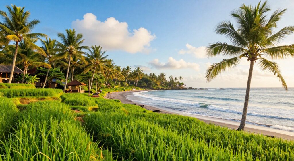 Capture a vibrant overview of Bali's weather in October, showcasing a picturesque scene that reflects the tropical climate. In the foreground, depict lush green rice terraces glistening with dew under soft morning light. In the middle, feature a calm beach with gentle waves lapping against the shore, lined with palm trees swaying in a light breeze. The background should include a clear blue sky with a few fluffy white clouds, symbolizing the warm and sunny days typical of Bali in October. Use bright, warm tones to enhance the inviting atmosphere, highlighting an idyllic vacation vibe. The angle should be slightly elevated to encompass the beauty of the landscape, creating a sense of tranquility and allure. Capture a vibrant overview of Bali's weather in October, showcasing a picturesque scene that reflects the tropical climate. In the foreground, depict lush green rice terraces glistening with dew under soft morning light. In the middle, feature a calm beach with gentle waves lapping against the shore, lined with palm trees swaying in a light breeze. The background should include a clear blue sky with a few fluffy white clouds, symbolizing the warm and sunny days typical of Bali in October. Use bright, warm tones to enhance the inviting atmosphere, highlighting an idyllic vacation vibe. The angle should be slightly elevated to encompass the beauty of the landscape, creating a sense of tranquility and allure.