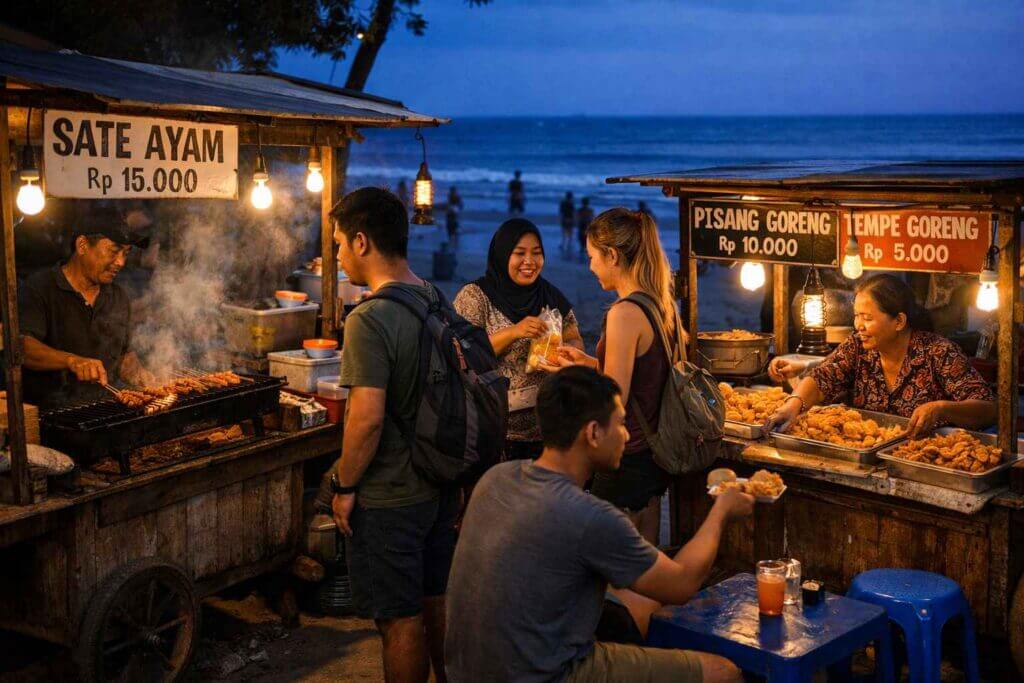 Kuta on a shoestring budget. Cheap street food stalls along Kuta Beach offering Indonesian meals under $5