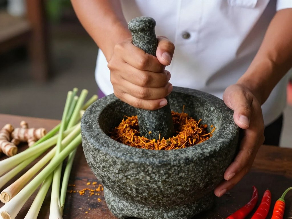 Chef preparing traditional Balinese spice paste during Foodie's Tour of Kuta