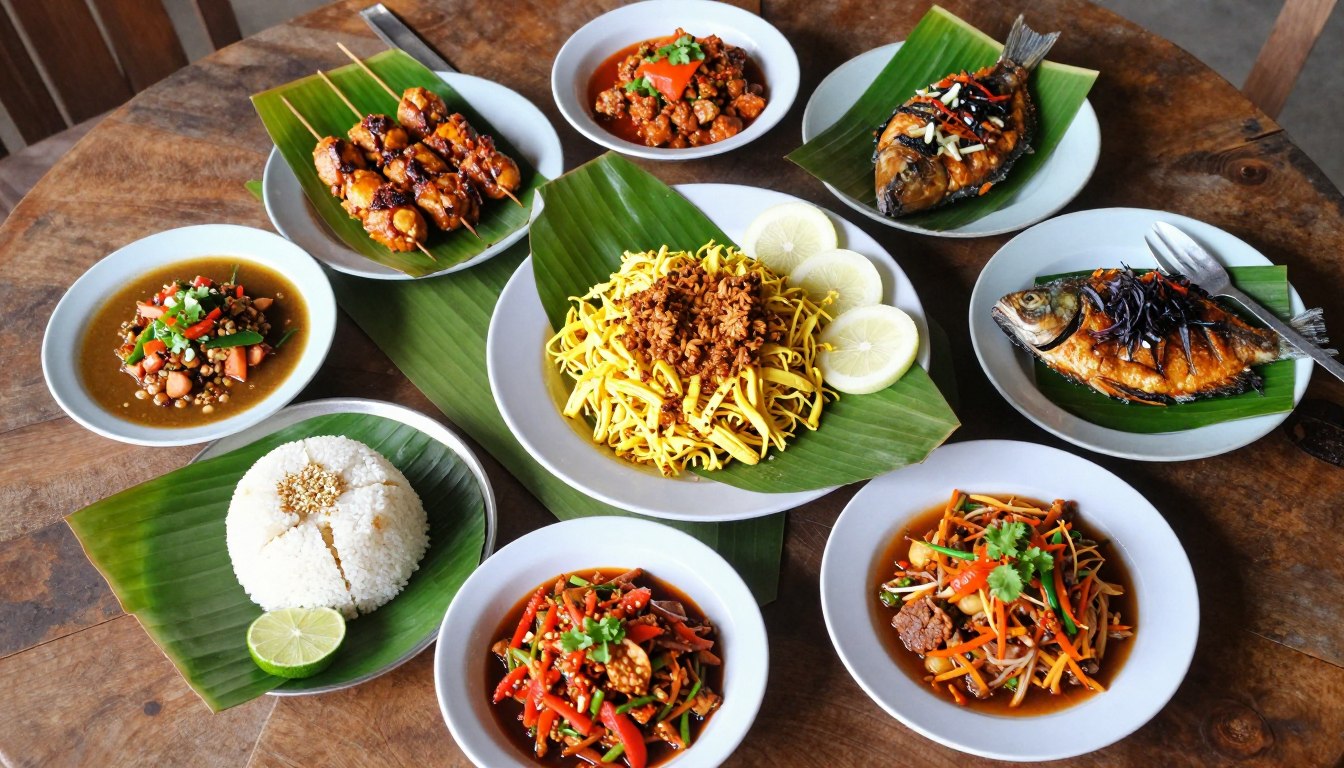 Colorful display of Balinese dishes on a Foodie's Tour of Kuta