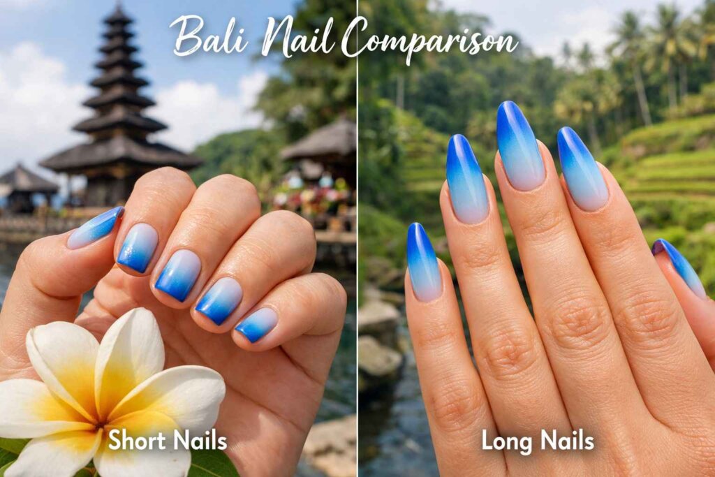 Comparison of Bali nails short versus long length showing blue ombre gradient on different nail shapes