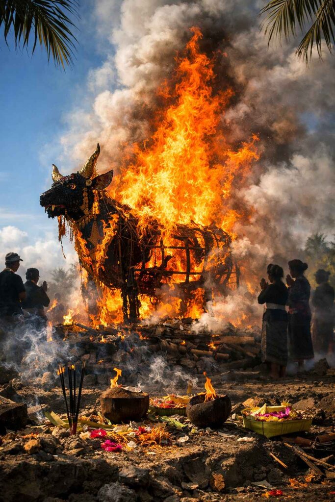 Cremation pyre flames consuming Lembu coffin during traditional Balinese cremation ceremony Ngaben in Bali