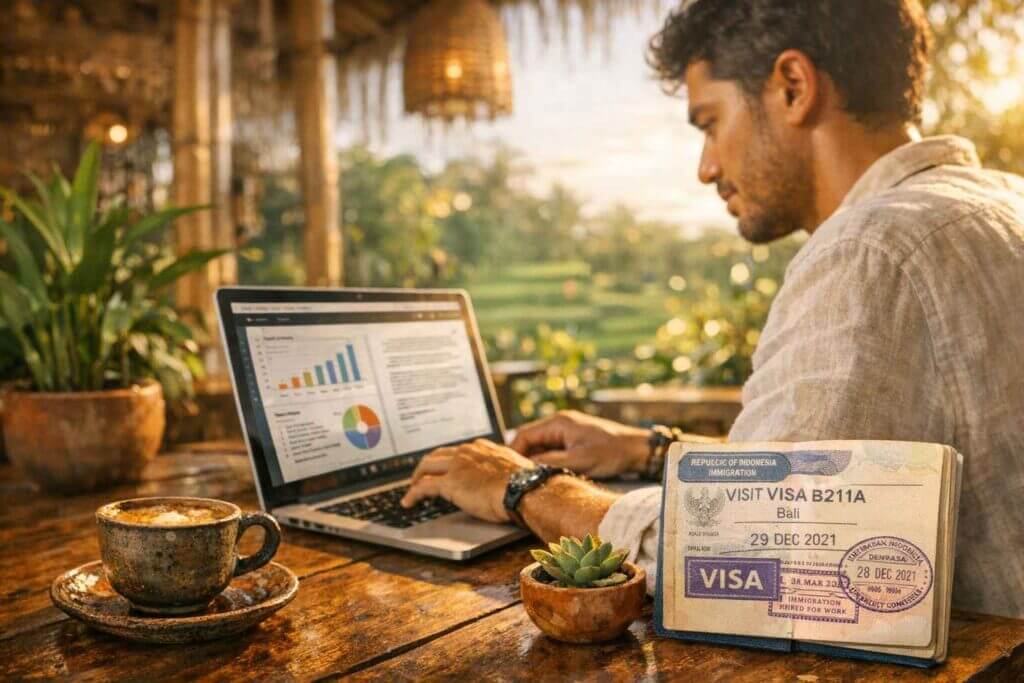 Digital nomad using laptop at Bali cafe with B211A stay in Bali 6 months visa passport stamp visible