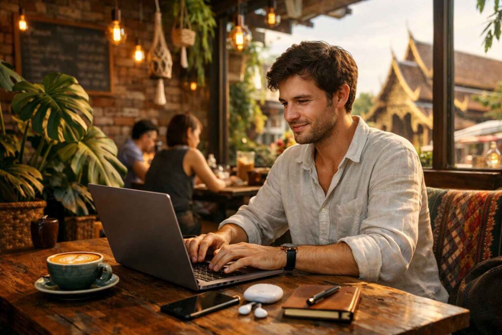 Digital nomad working remotely from Chiang Mai Thailand coffee shop with laptop