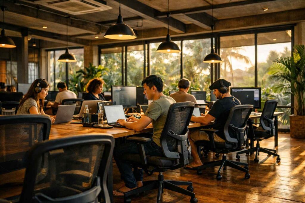 Digital nomads working at BWork coworking space Canggu with ergonomic chairs and natural lighting