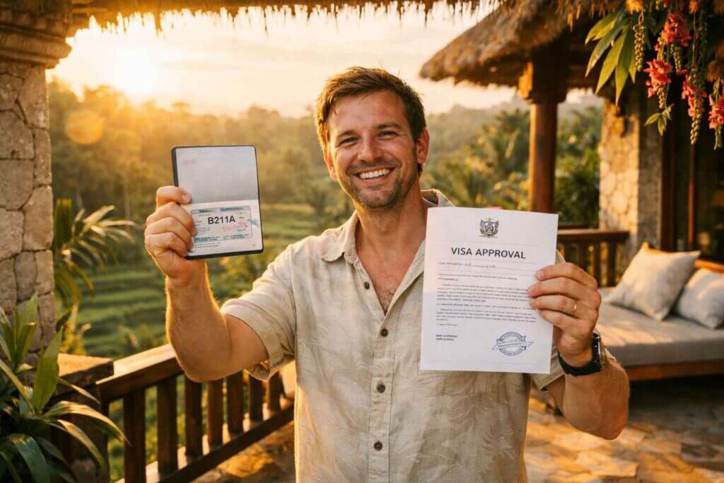 Expat holding approved B211A stay in Bali 6 months visa approval letter and passport at Bali villa