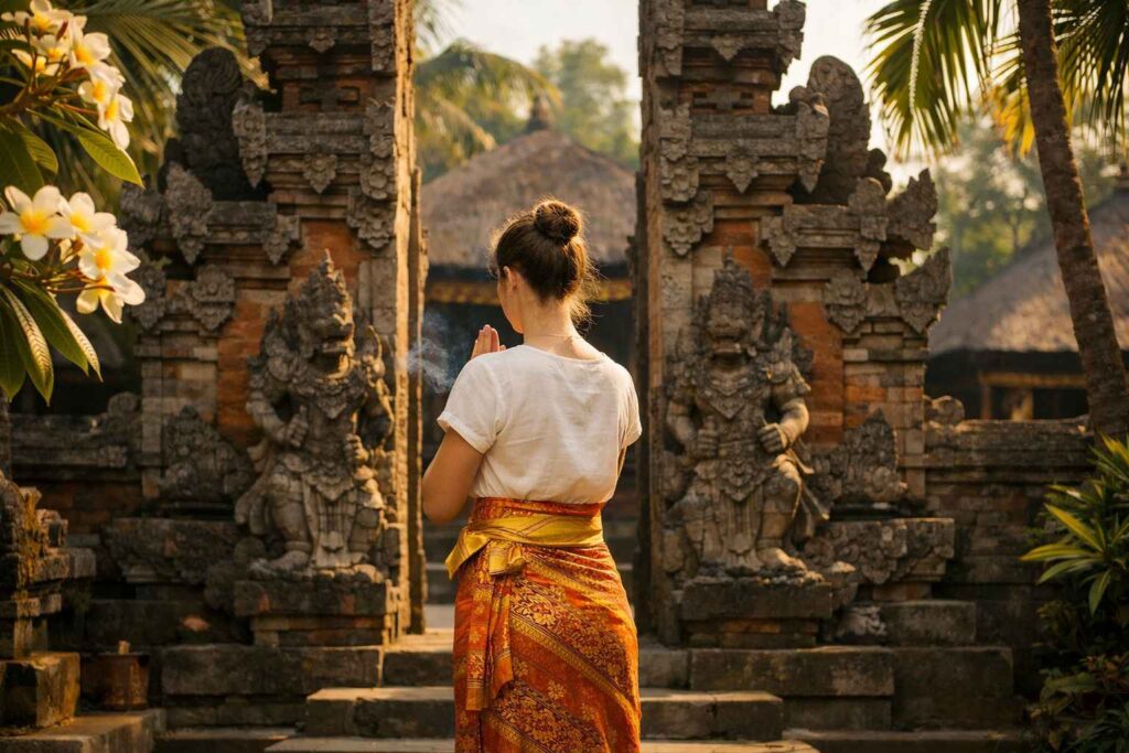 Female traveler wearing sarong and temple dress code at Balinese temple near Kuta