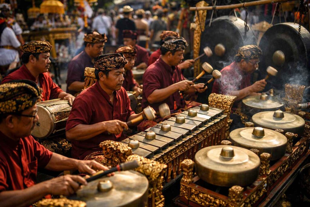 Gamelan orchestra musicians playing bronze gongs during Balinese cremation ceremonies procession in Bali Indonesia