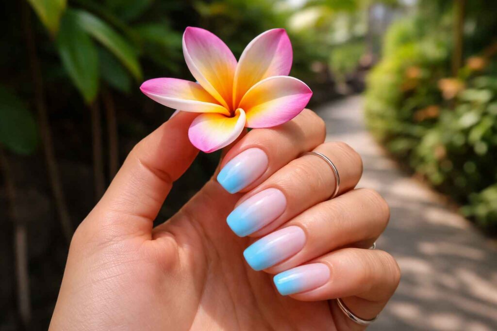 Hand holding tropical flower showing Bali nails blue simple ombre manicure in natural lighting