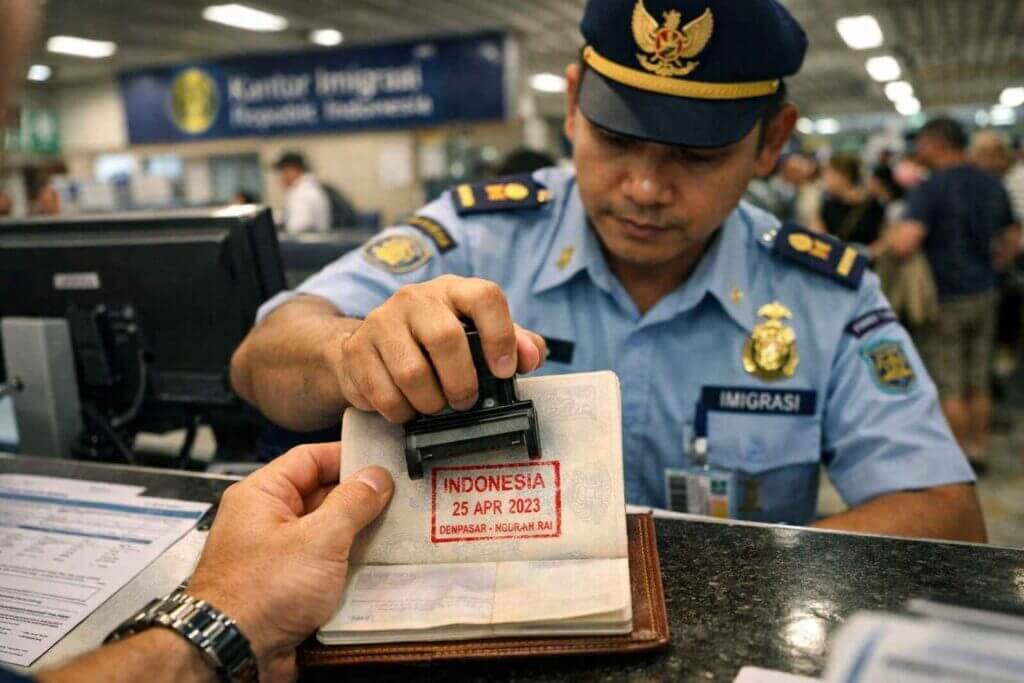 Immigration officer stamping passport with stay in Bali 6 months visa approval at Ngurah Rai Airport