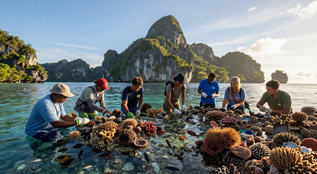 In the foreground, depict a diverse group of scientists and eco-tourists engaged in marine conservation activities, wearing modest casual clothing, examining coral reefs through clear water. In the middle ground, illustrate vibrant coral gardens teeming with colorful fish, showcasing the rich marine biodiversity unique to Raja Ampat. The background should feature lush tropical islands with dramatic cliffs and clear blue skies, under soft golden sunlight that filters through the scene, creating a warm and inviting atmosphere. Capture this photojournalism-style image with a wide-angle lens to emphasize the expanse of the marine landscape, ensuring the focus is sharp on the conservation efforts while the natural beauty surrounds them. The mood should reflect hope and dedication towards sustainable tourism and environmental preservation.