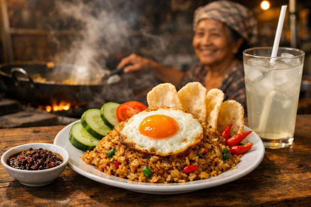 Kuta survival guide for first-timers. Indonesian street food in Kuta featuring nasi goreng served at local warung with fresh coconut drink