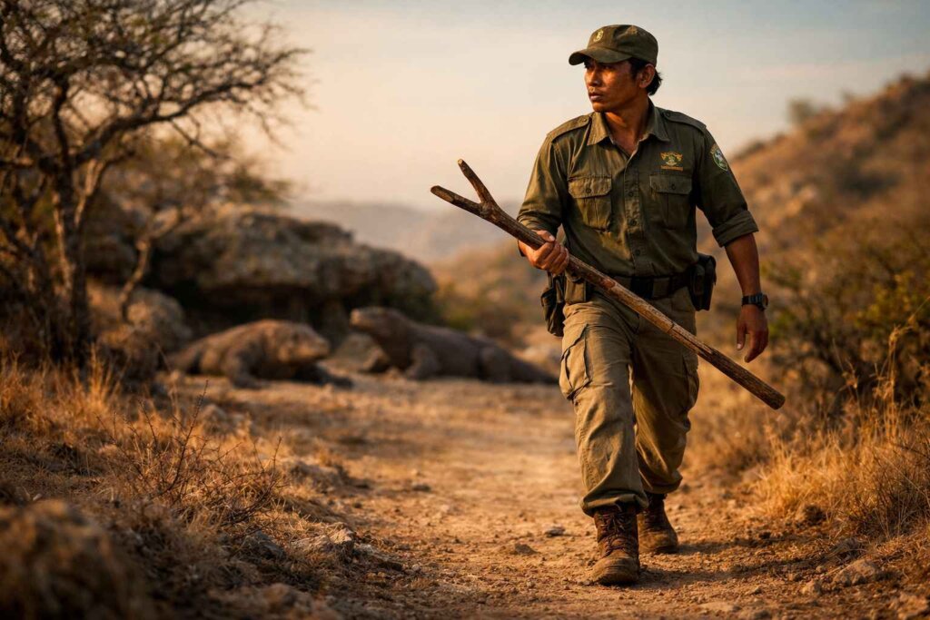 Komodo National Park ranger standing on patrol with wooden staff on Rinca Island