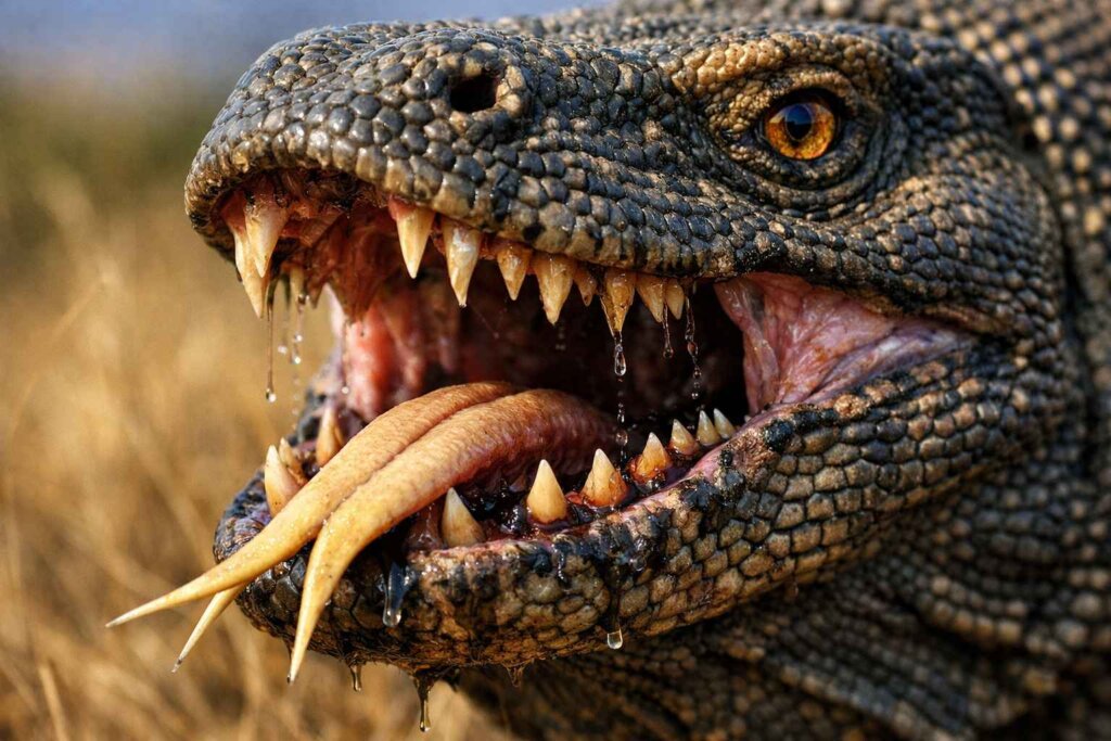 Komodo dragon close-up showing teeth and tongue in Komodo National Park Indonesia
