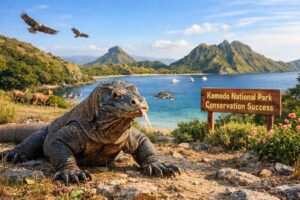 Komodo dragon in natural habitat showing Komodo National Park conservation success