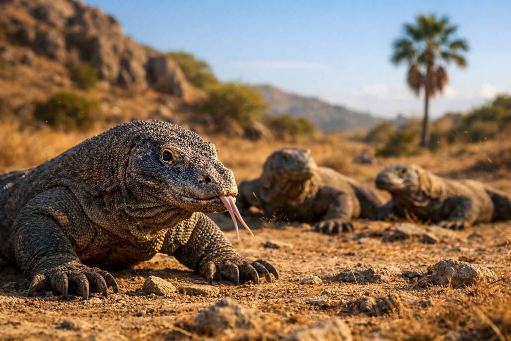 Komodo dragons basking in sun at Komodo National Park Indonesia during morning trek